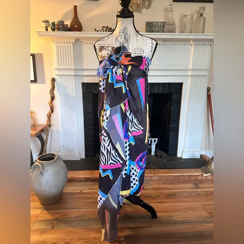 Abstract Geometric Sheer Scarf Wrap Sarong Animal Print Festival Shawl Pareo 80s